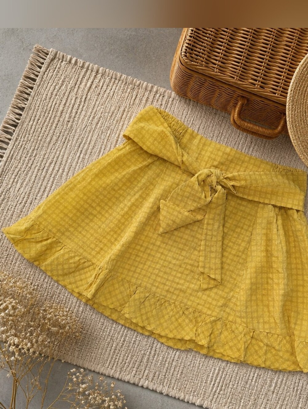 Mustard Yellow Tie-Waist Ruffle Mini Skirt